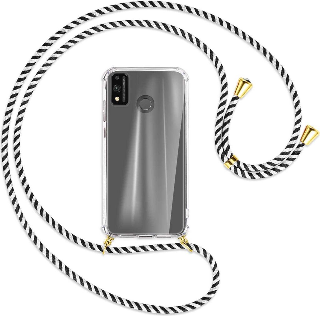 Handykette Backcover-Schutzhülle mit Band (Metall goldfarben) für Honor 9X Lite - schwarz/weiß gestreift