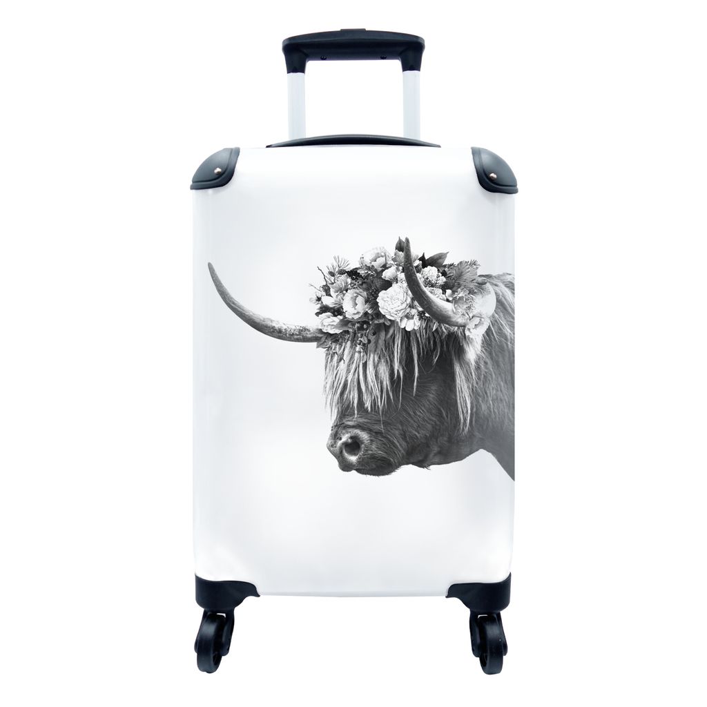 MuchoWow Koffer Handgepäck Trolley Rollkoffer Kleine Reisekoffer mit 4 Rollen - Schottischer Highlander mit Blumen - schwarz und weiß - Cabin S...