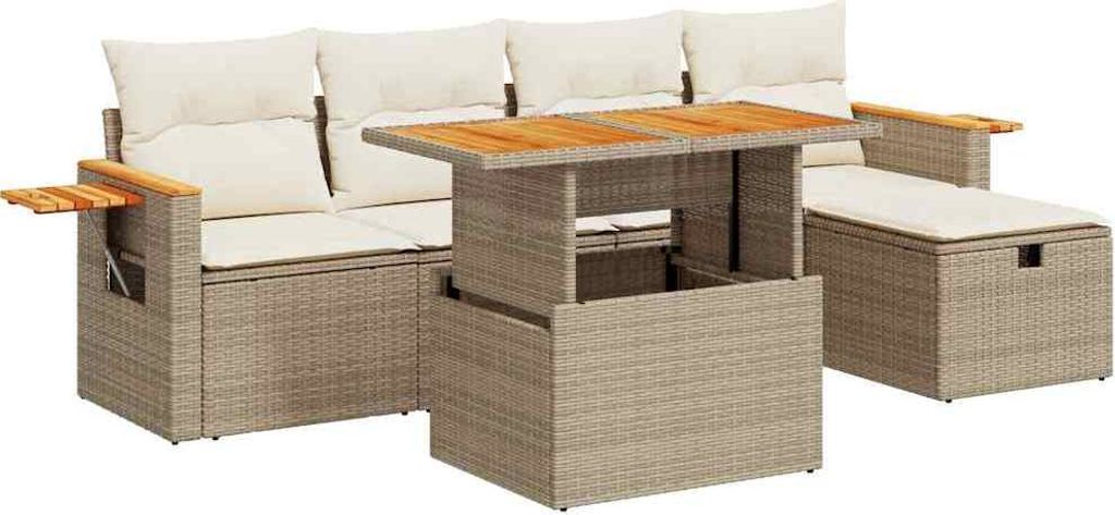 vidaXL 6-tlg. Garten-Sofagarnitur mit Kissen Beige Poly Rattan