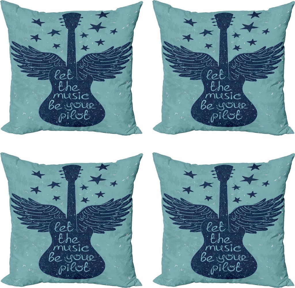 ABAKUHAUS Musik Kissenbezug Set (4 Stück), Gitarre Wings Sterne Worte, Moderner Doppelseitiger Digitaldruck, 40 cm x 40 cm, Schiefer-Blau Marine-Blau