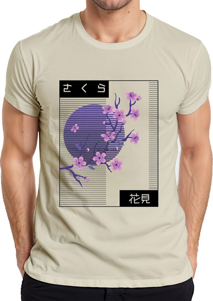 Kirschblüten Sakura さくら 花見 Hanami Japan Retro Vaporwave Nacht Herren T-Shirt, Natur, 3XL