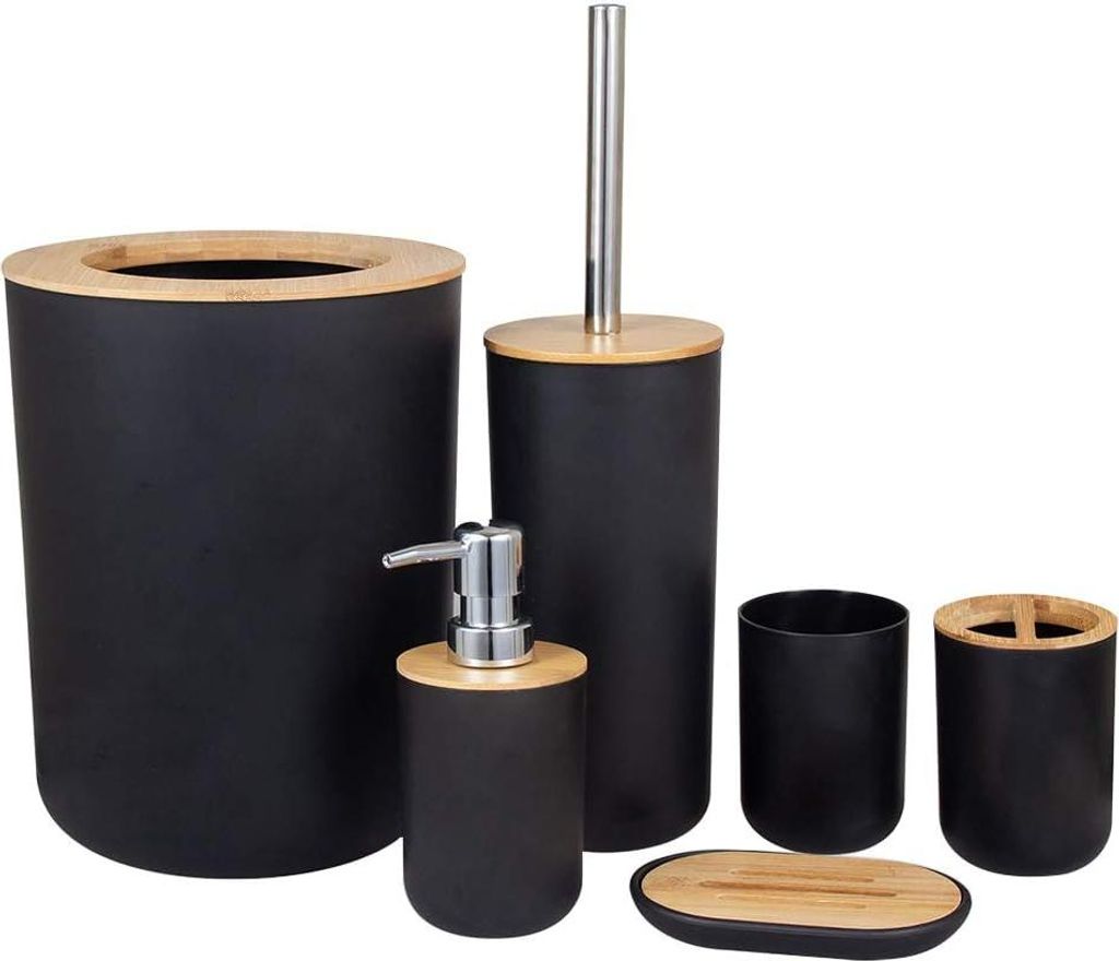 Badezimmer-Accessoires Set Porte-brosse à dents Bambou Comptoir en bois Autoportant Distributeur savon Tasse kitchen Brosse toilette Salon Poubell...
