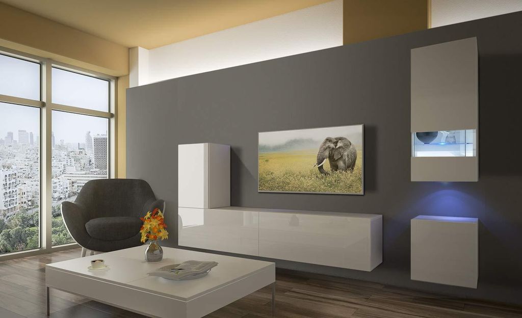 Furnitech Colmar N18 1A Modernes Wohnzimmer Wohnwände Wohnschränke Schrankwand Schwarz Weiß Hochglänzend (LED blau, AN18-18W-HG2 1A)