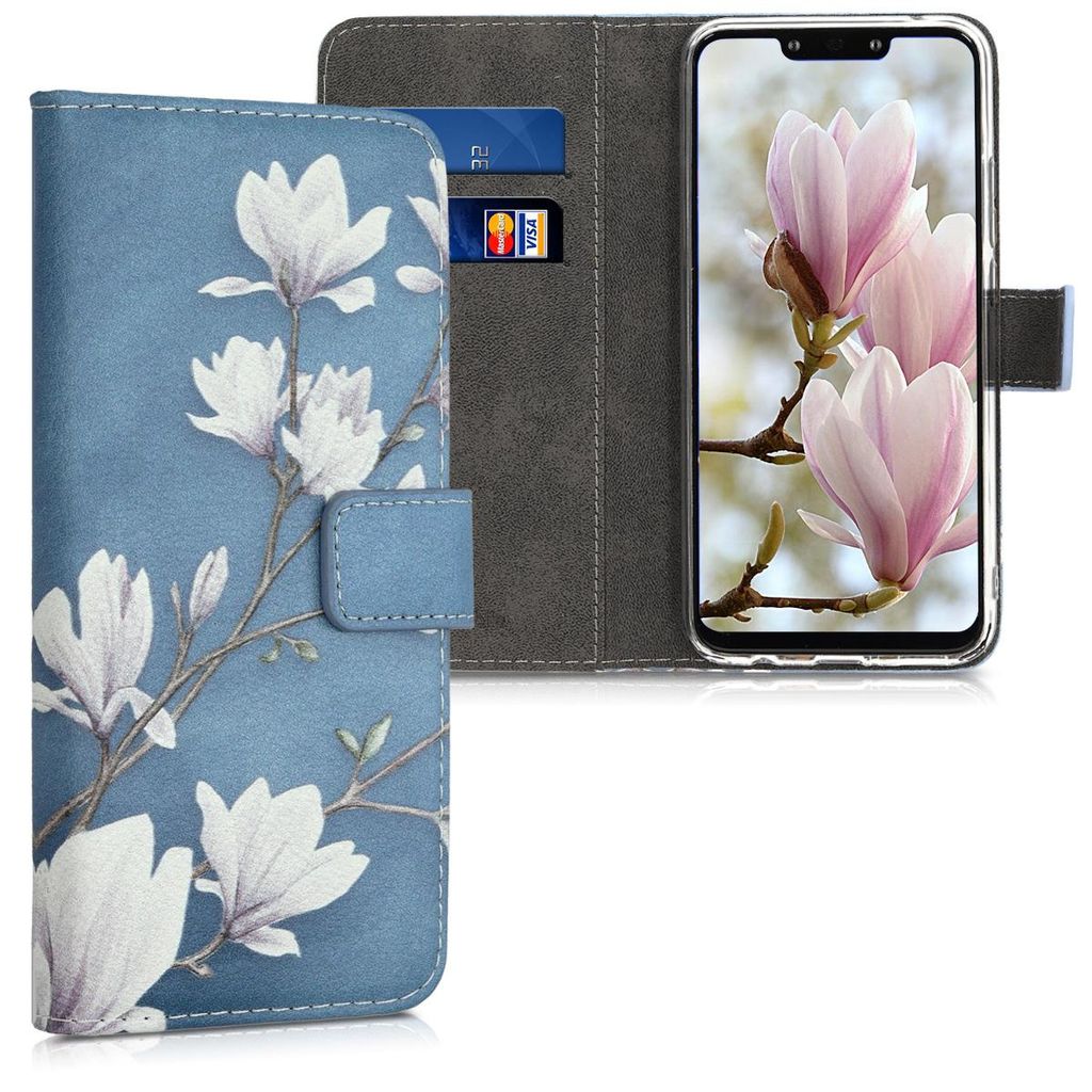 kwmobile Wallet Case kompatibel mit Huawei Mate 20 Lite Hülle - Cover mit Ständer und Kartenfächern - Magnolien Taupe Weiß Blaugrau