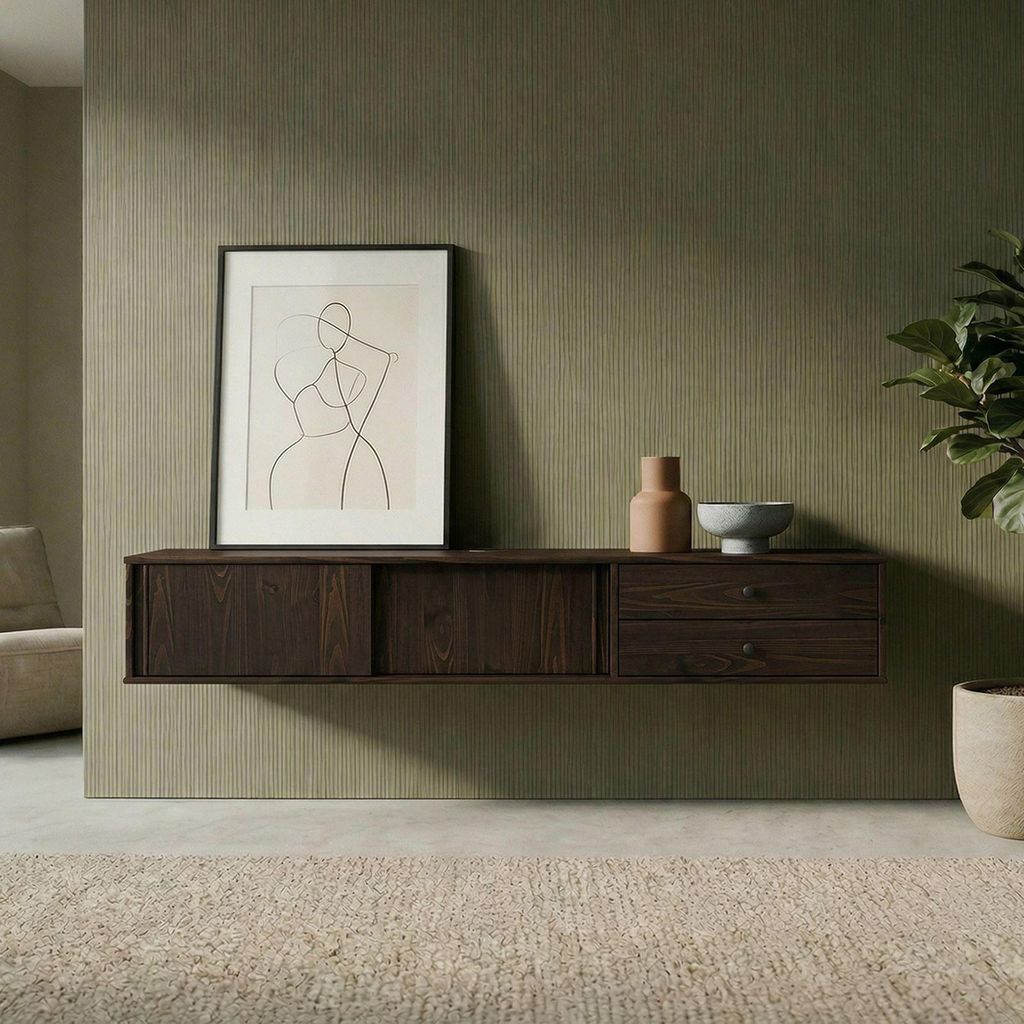 Lowboard SIMONA 175 cm hängend aus Massivholz, Nussbaum Finish - TV Schrank mit 2 Schiebetüren und Schubladen, Wohnzimmermöbel im Mid Century St...