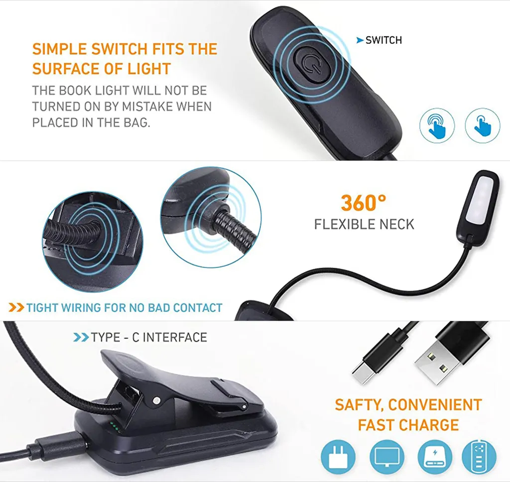 Luci di lettura per libri a letto Lampada portatile a clip a LED ricaricabile via USB Protezione degli occhi in 3 colori e 3 luminosità e collo d'oca flessibile Indicatore di alimentazione Perfetto per gli amanti dei libri bambini - 6