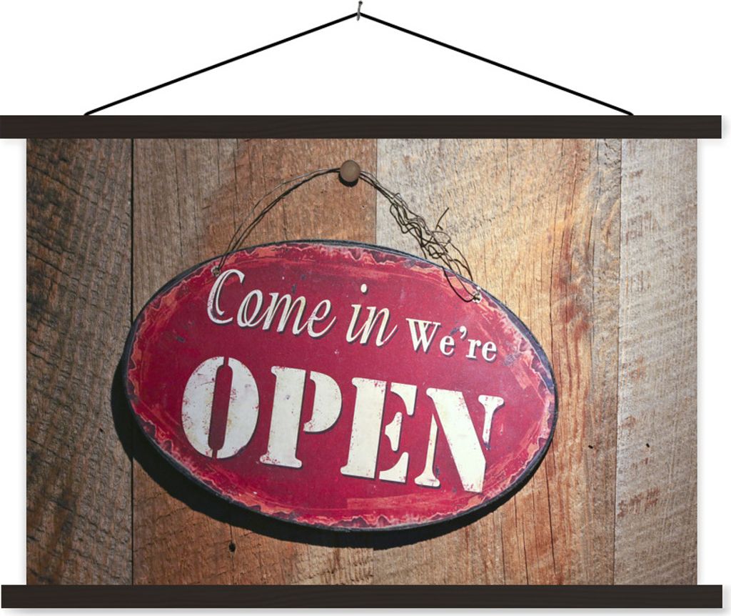MuchoWow Textilposter Ein offenes Schild an einer Holztür 150x100 cm mit schwarzem Rahmen - Schlafzimmer