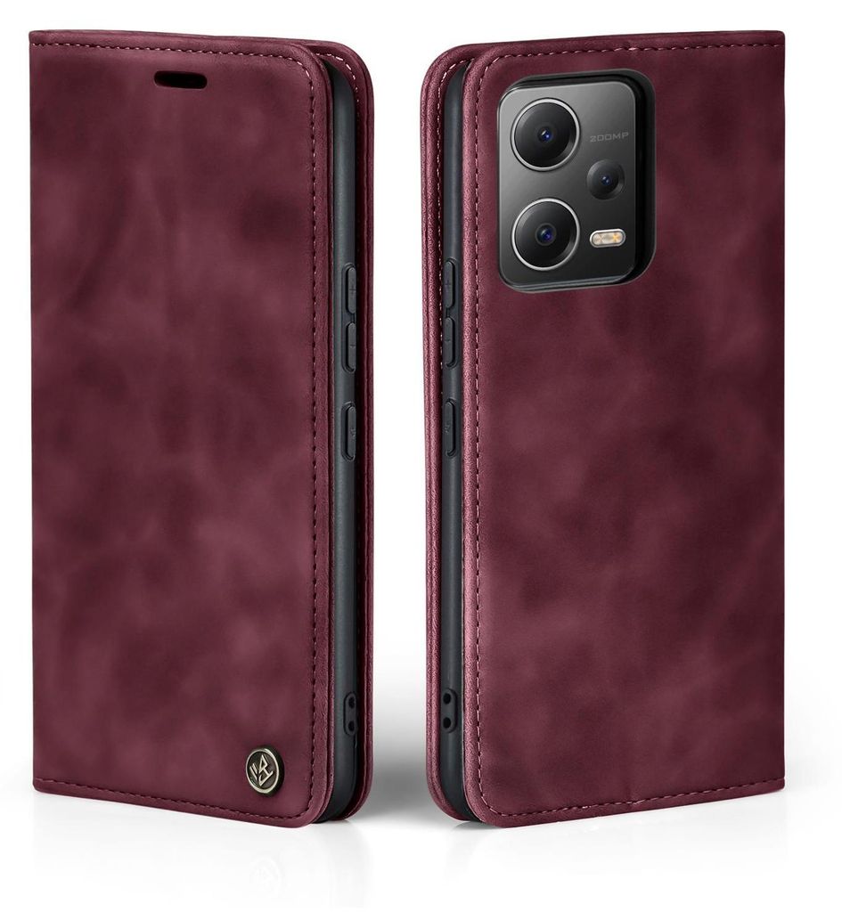 A burgundy flip case for a smartphone is shown from two angles.