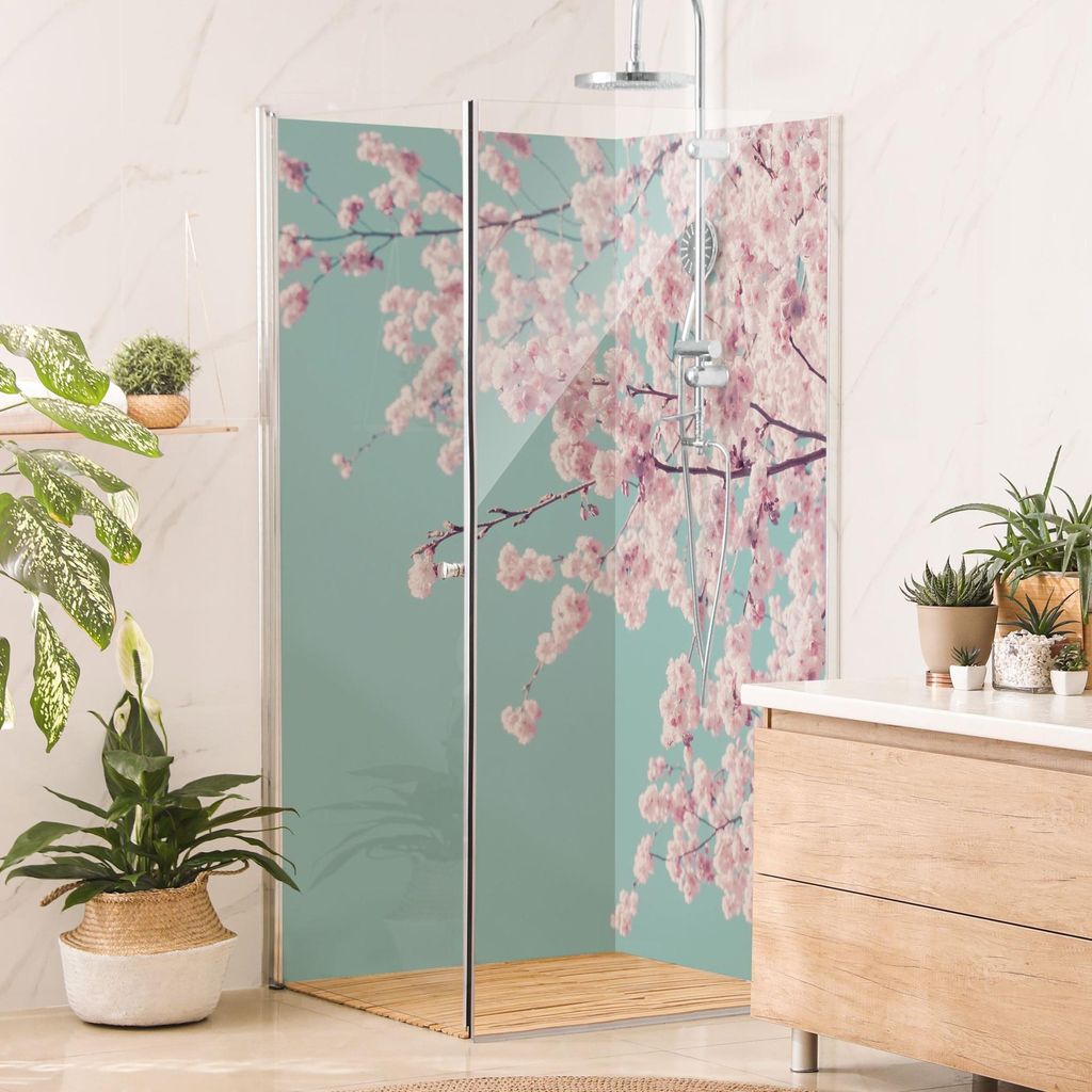 Duschrückwand Blumen selbstklebend - 0.35 mm Wandpaneel wasserfest Kirschblüte rosa Landhaus Badrückwand fugenlos Smart matt 90x210 cm