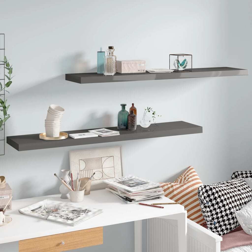 The Living Store Schweberegale 2 Stk. Hochglanz-Grau 120x23,5x3,8 cm MDF