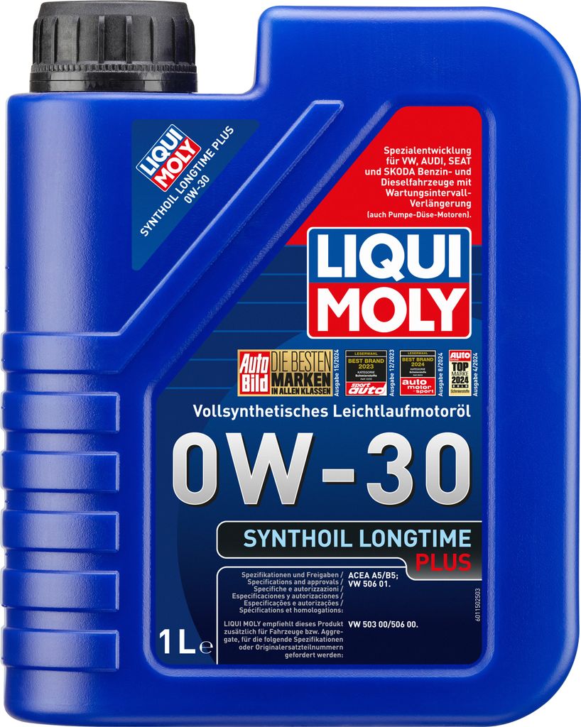 A blue plastic bottle of Liqui Moly Synthoil Longtime Plus 0W-30 motor oil against a white background.