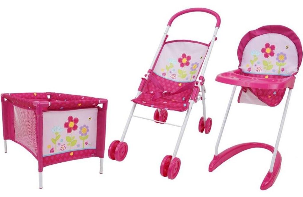 Five O Nine Crew 3-teiliges Spielset, Kinderwagen, Stuhl und Kinderbett - Blumen