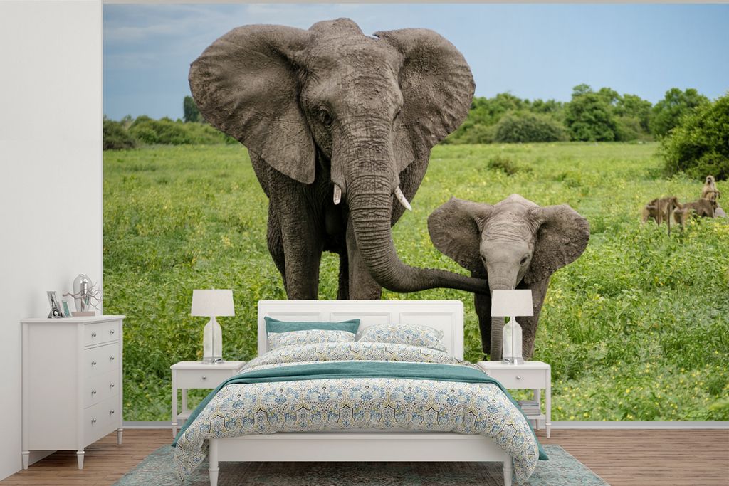 MuchoWow Fototapete für Wohnzimmer oder Schlafzimmer Wandtapete Vinyl Motivtapete Elefant - Natur - Park - 390x260 cm - Papiertapete