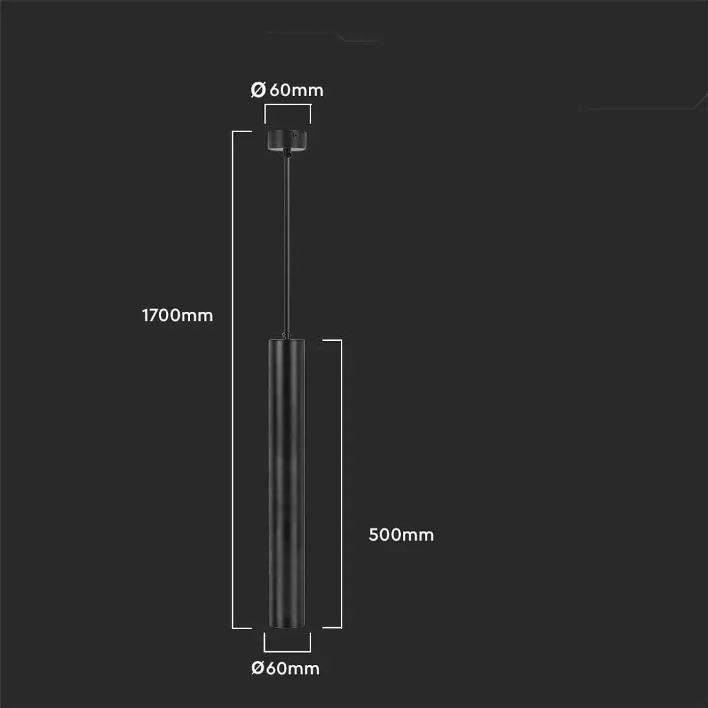 Suspension cylindrique noire en métal 60x500mm pour décoration moderne