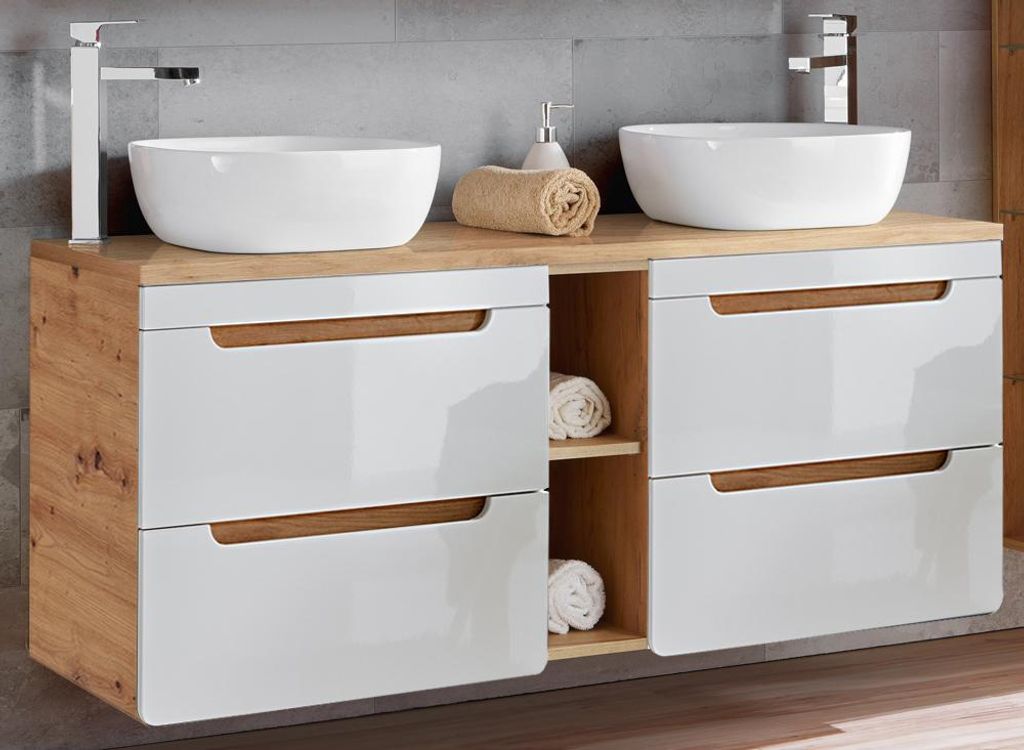 Doppel-Waschtischunterschrank 140 cm mit Keramik-Aufsatzbecken LUTON-56 Hochglanz weiß mit Wotan Eiche Nb. B/H/T ca. 141/76,5/46 cm