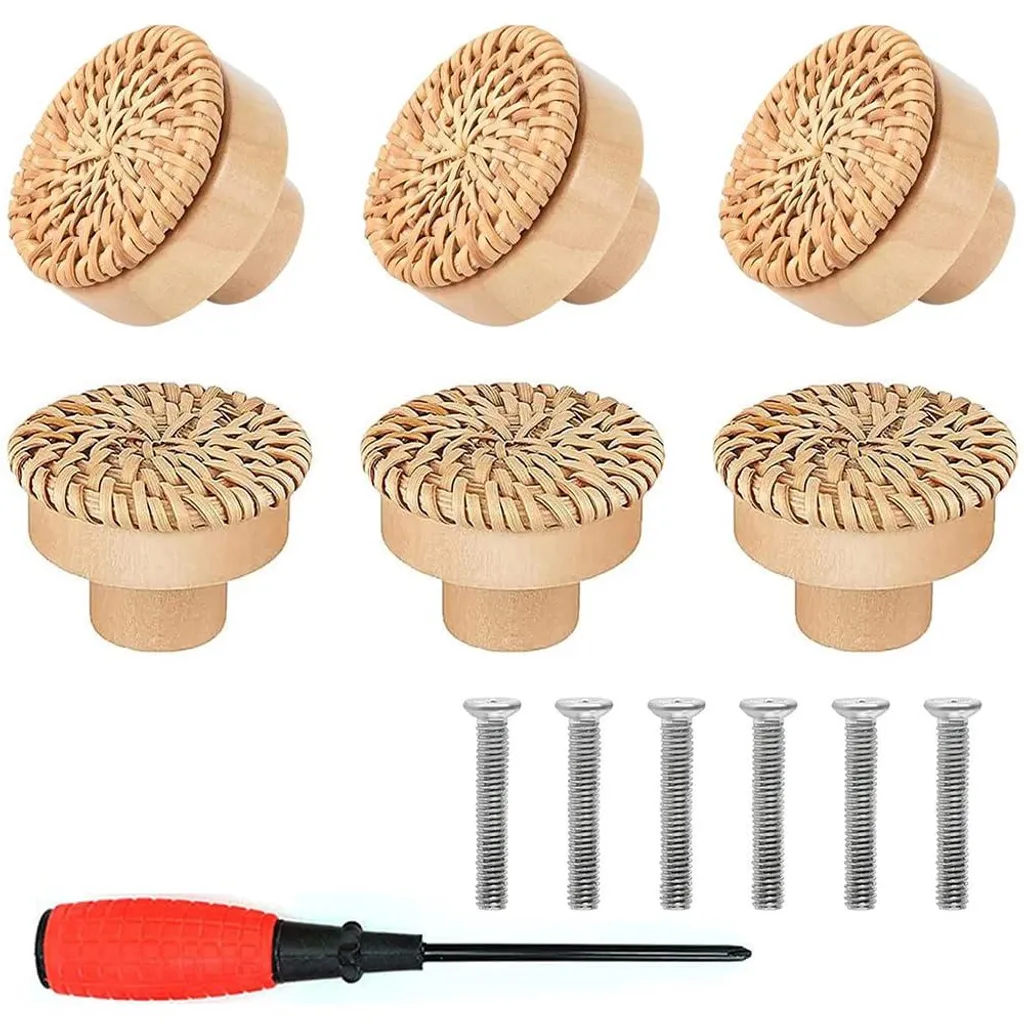 Boutons de Placard Bohème en Rotin Tressé Main et Bois Clair 6 Pcs
