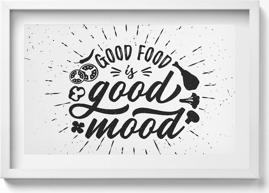 Gutes Essen macht gute Laune - Bildunterschrift für die Küche– Wandbild mit Rahmen – Gerahmtes Bild – Wanddekoration – 60x40 cm – Schwa...