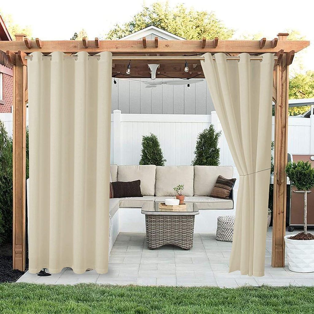 Grommet Vorhang Feste Farbe wasserdichte Polyester Sonne blockiert Bodendrapeln für den Außenbereich-Beige ,Größen:210*230cm