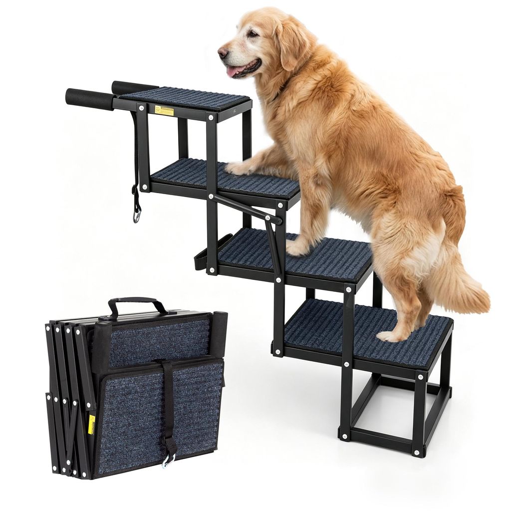 Hundetreppe Klappbar 4 Stufen Auto Für Große Hunde mit Teppich Hunderampe Auto Faltbare Kofferraum Einstiegshilfe Haustiertreppe bis 115KG