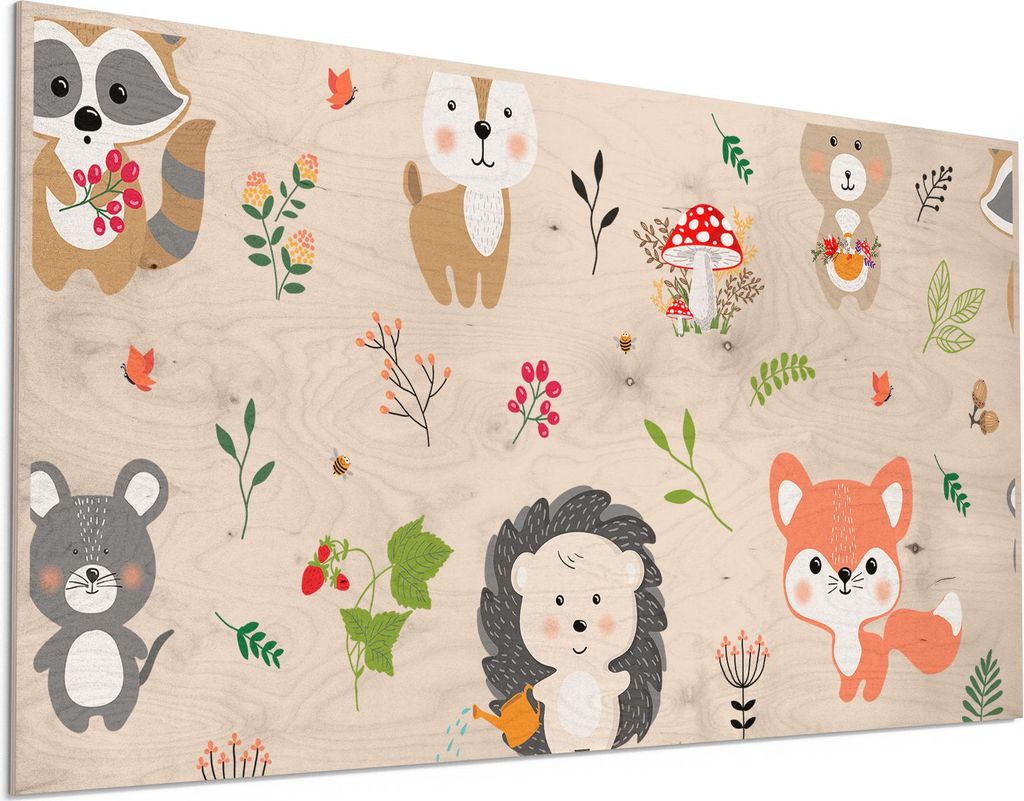 DEQORI Holzbild 100x50 cm 'Kleine Waldbande' Bild auf Holz Wandbild Kunstdruck nachhaltig