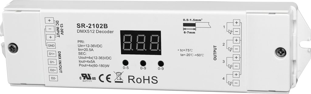 DMX512 RGBW LED Decoder 4CH – LED Controller 4-Kanal 12–48V DC 4x5A max. 20A | SR-2102B