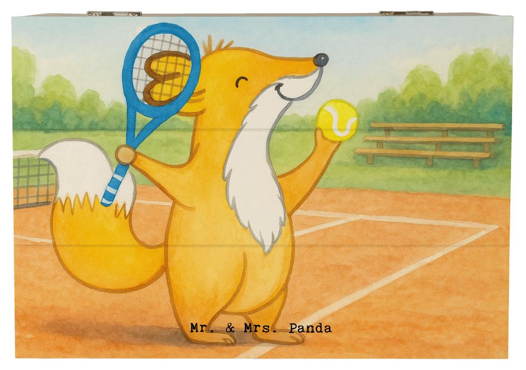 Mr. & Mrs. Panda Box Fuchs Tennis spielen Design 22 x 15 cm - Weiß - Geschenk, Turnier, geschenkkiste, Holzkiste mit Deckel, fotobox, Kiste, Gesch...