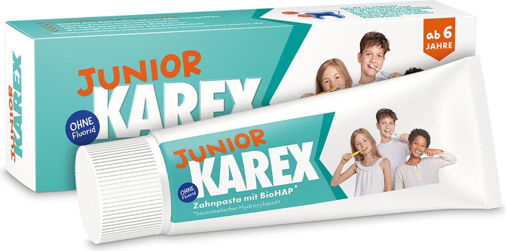 A box and a tube of Junior Karex toothpaste for children.