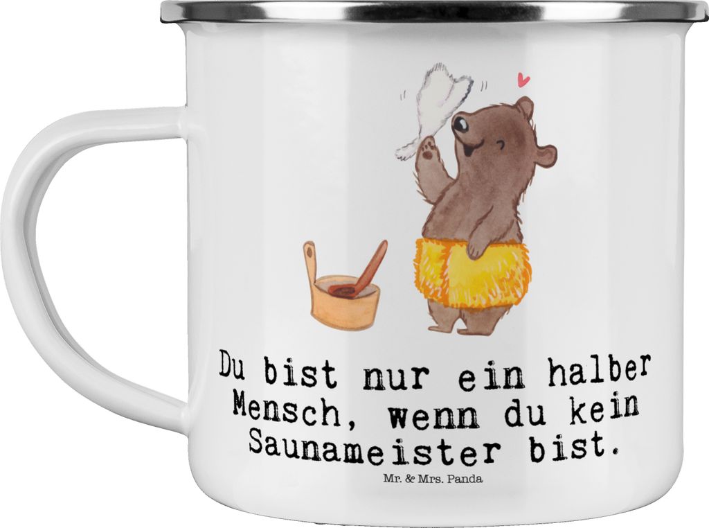 Mr. & Mrs. Panda Haferl Saunameister Herz - Weiß - Geschenk, Teebecher, Emaille Tasse, Teetasse, Pott, Reisebecher