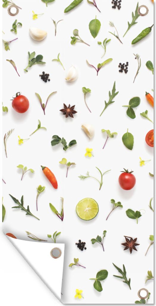 MuchoWow 40x80 cm Outdoor-Poster Gartendeko Sichtschutz Garten Poster für den Garten Flachgelegte Früchte, Gemüse, Gewürze und Kräuter