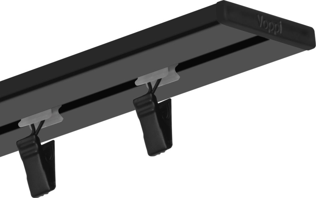 Voppi Aluminium Gardinenschiene 1-läufig 280 cm schwarz, silent Gleiter mit Klammern und Haken, Vorhangschiene, Deckenmontage