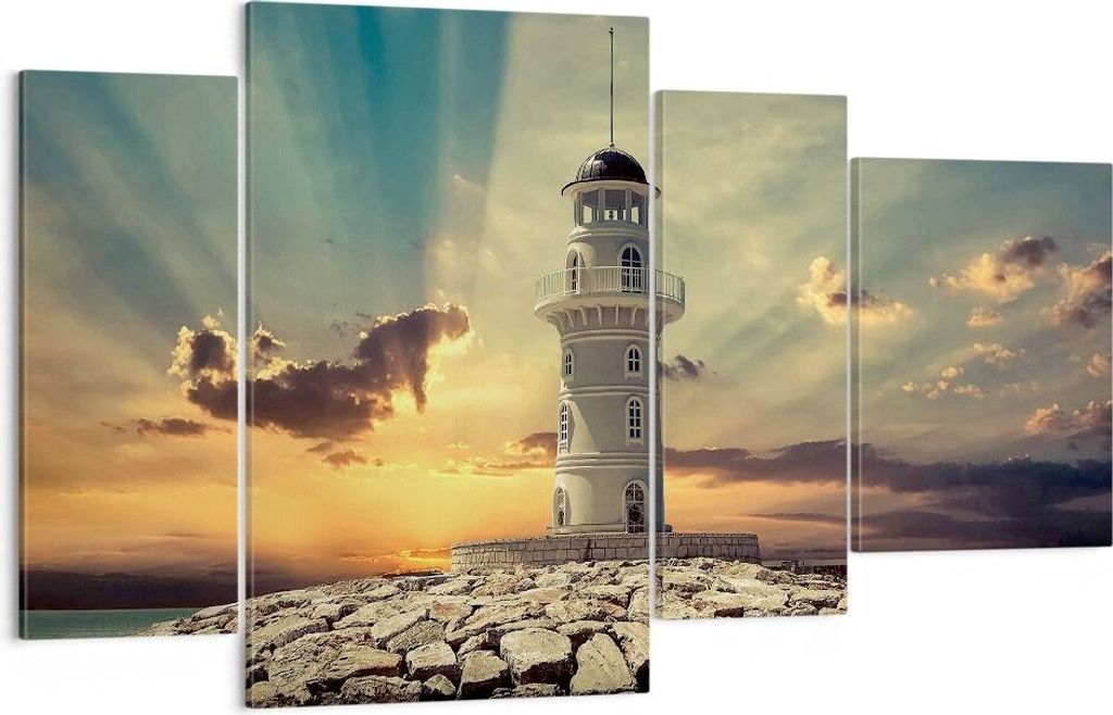 Bild auf Leinwand - Leinwandbild - Leuchtturm Wasser Meer Steine - 120x70cm - Wand Bild - Wanddeko - Leinwanddruck - Bilder - Kunstdruck - Wanddeko...