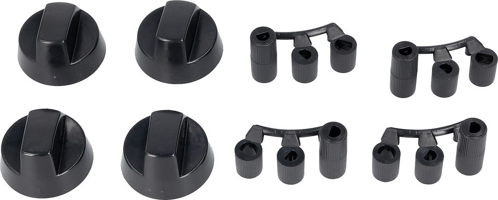 Four black stove knobs and two sets of three black adapters are arranged on a white background.