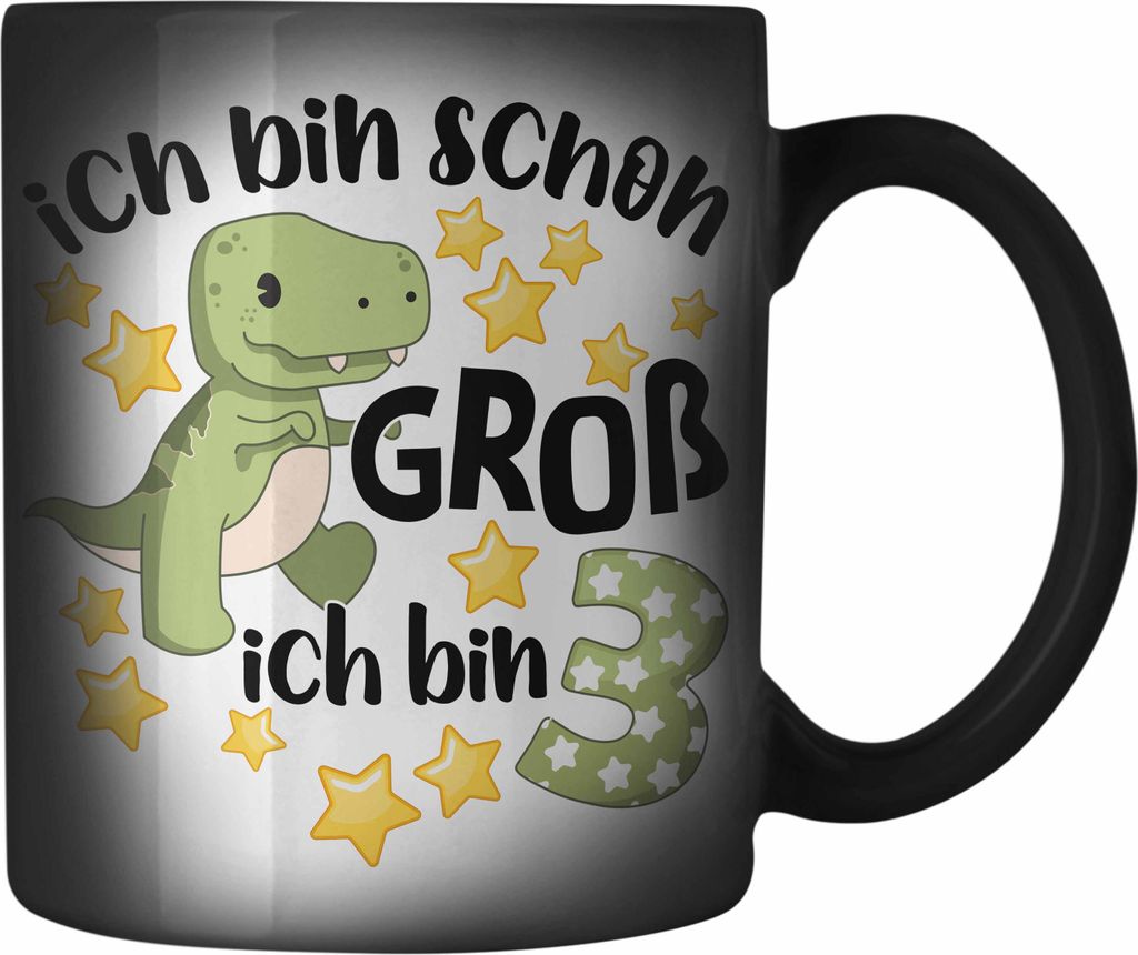 Trendation - 3. Geburtstag Farbwechsel Zauber-Tasse Jungs Jungen Geschenk 3 Jahre Alt 3 Dino für Jungs Dinosaurier Sohn (Schwarz)