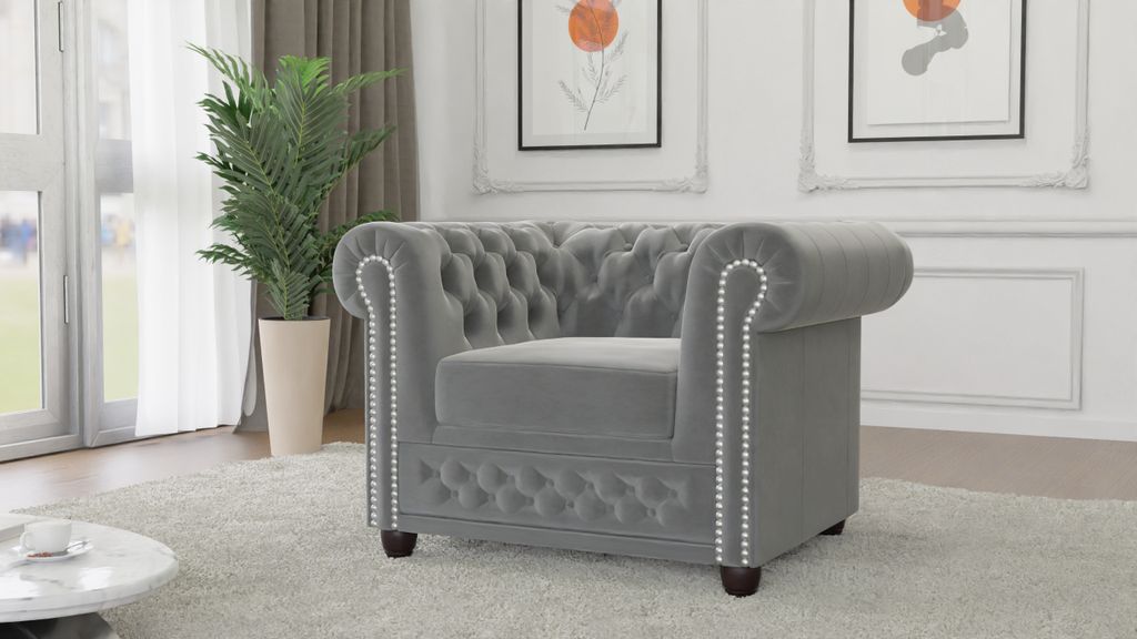 S-STYLE MÖBEL - Nox - Chesterfield Sessel aus Grau Samt-Stoff mit Holzfüßen, B/T/H: 94 cm / 86 cm / 72 cm