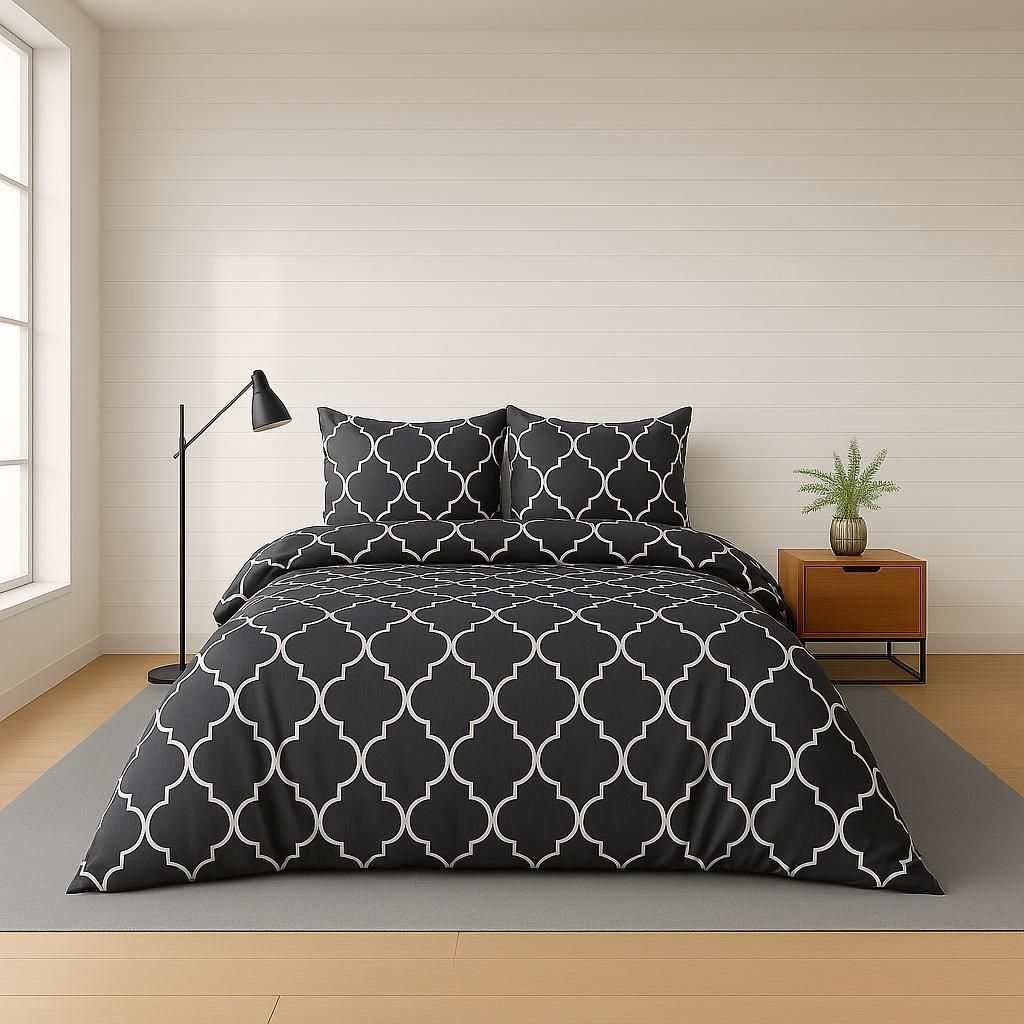 Bettwäsche 200x200 cm. 3-teilig Set 100% Baumwolle Bettbezug Anthrazit Weiß Orientalisches Design