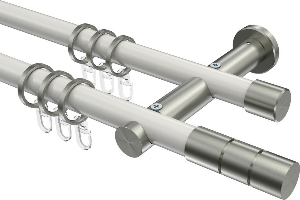 Interdeco Gardinenstange / Vorhangstange Weiß / Edelstahl-Optik, Typ Platon Elanto (Rillenzylinder), 20 mm Ø 2-läufig, 420 cm