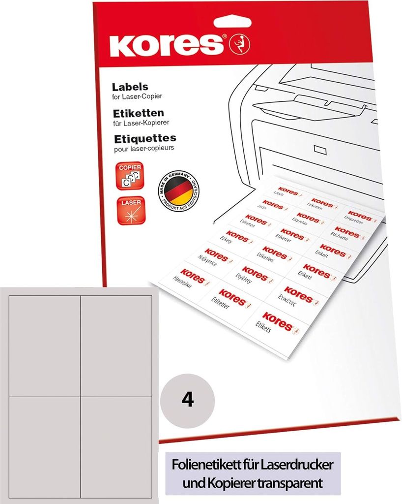 Kores Folien-Etiketten 105 x 148 mm transparent 40 Etiketten auf 10 Blatt