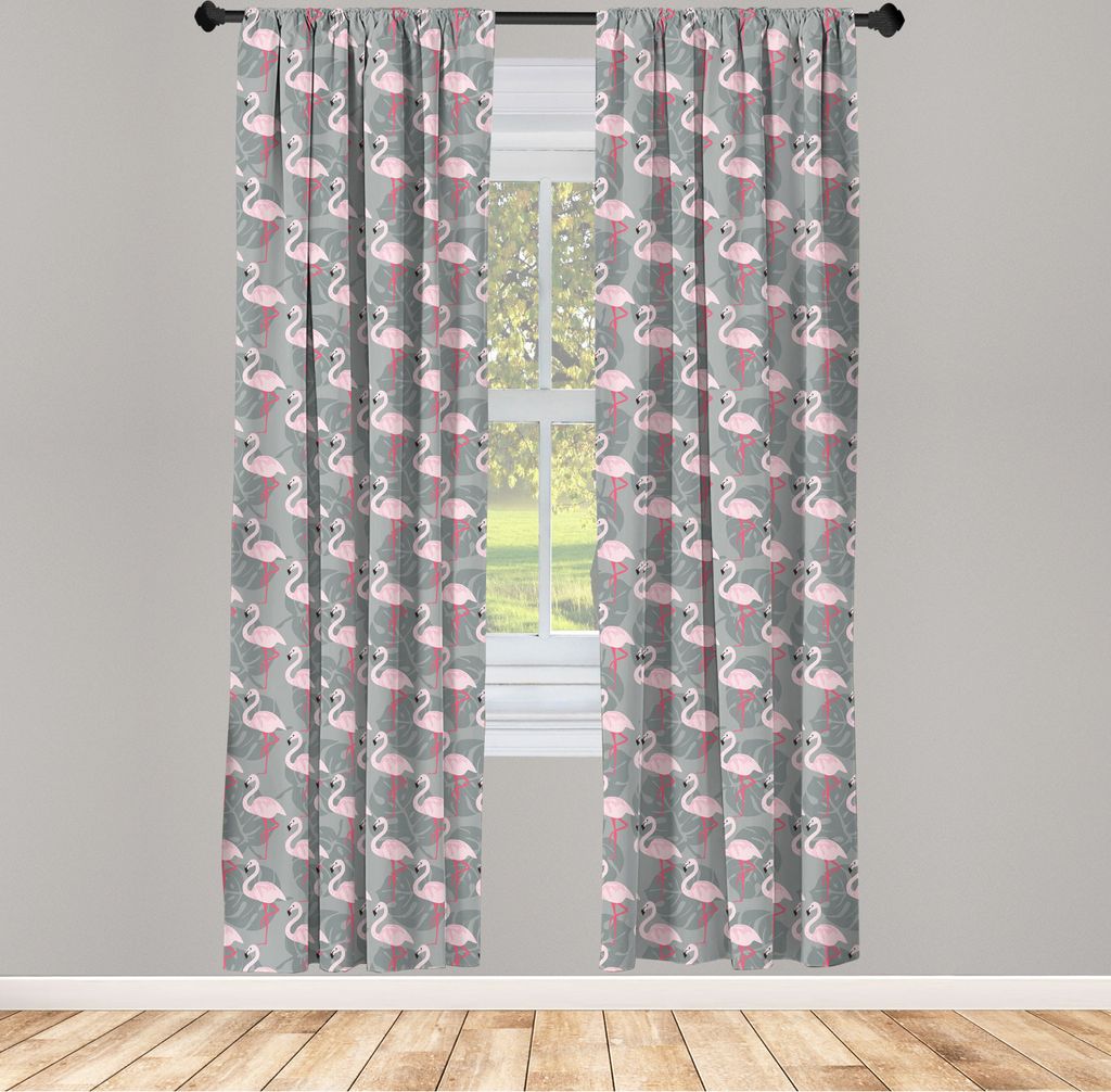 ABAKUHAUS Flamingo Vorhänge, Gardinen, Tropisches Tier Wiederholendes Muster auf Monstera Blätter, 2 Stück 75 x 225 cm, , Grau Rose Pink