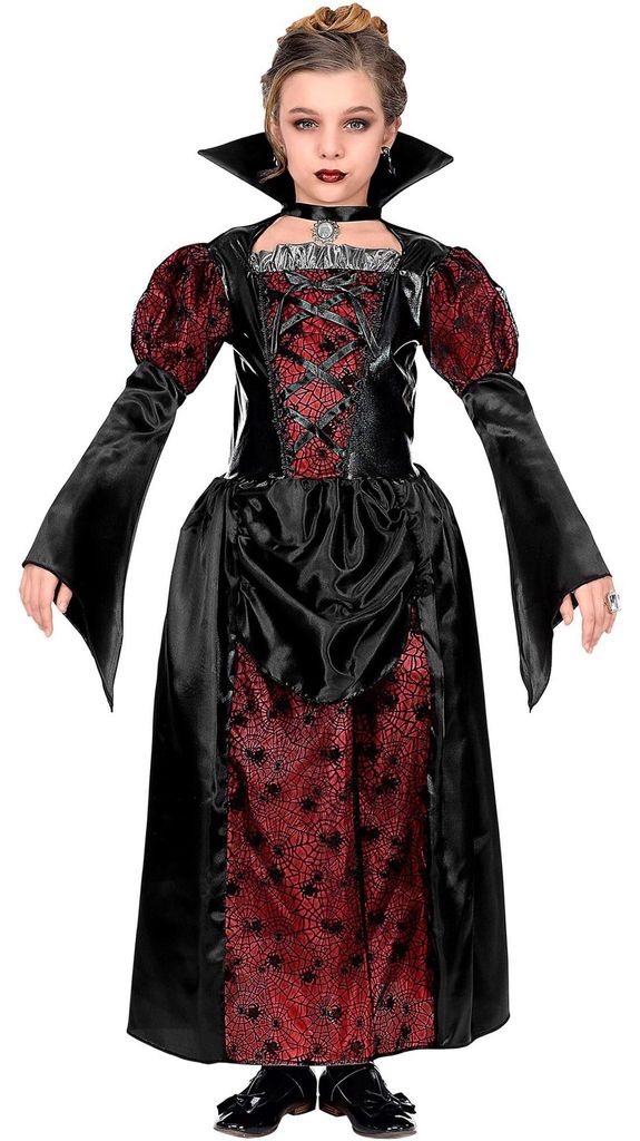 Rot-schwarzes Vampirkleid für Kinder mit Gothic Details, Schnürung, Stehkragen, Puffärmeln und Spinnennetzmuster in Frontansicht.