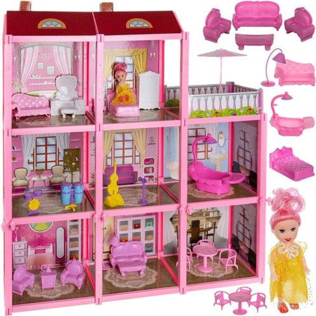 3-stöckiges Puppenhaus mit Balkon, Puppe, 22 Möbelstücke