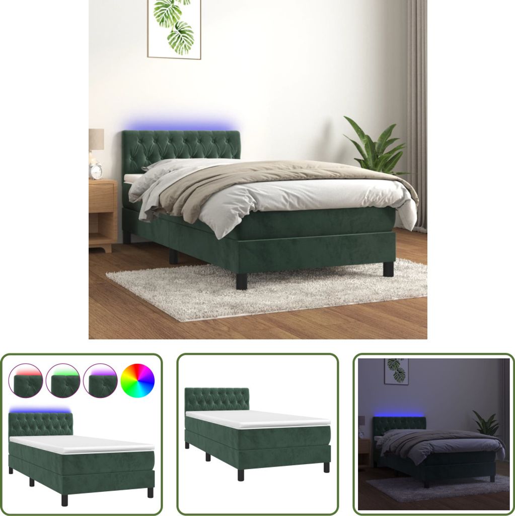 The Living Store Boxspringbett mit Matratze & LED Dunkelgrün 90x190 cm Samt