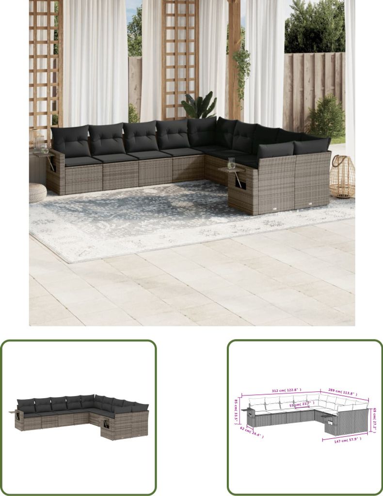 The Living Store 10-tlg. Garten-Sofagarnitur mit Kissen Grau Poly Rattan