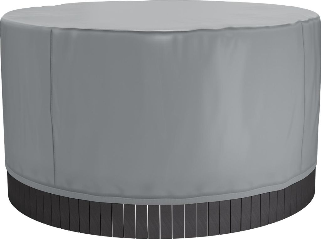 A round hot tub cover is shown, with the top portion covered in gray fabric and the bottom portion showing dark wooden slats.