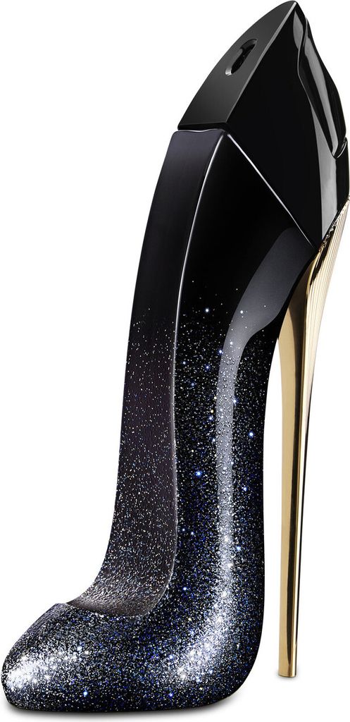 A black high-heeled shoe-shaped perfume bottle with glitter accents and a gold stiletto heel, presented against a white background.
