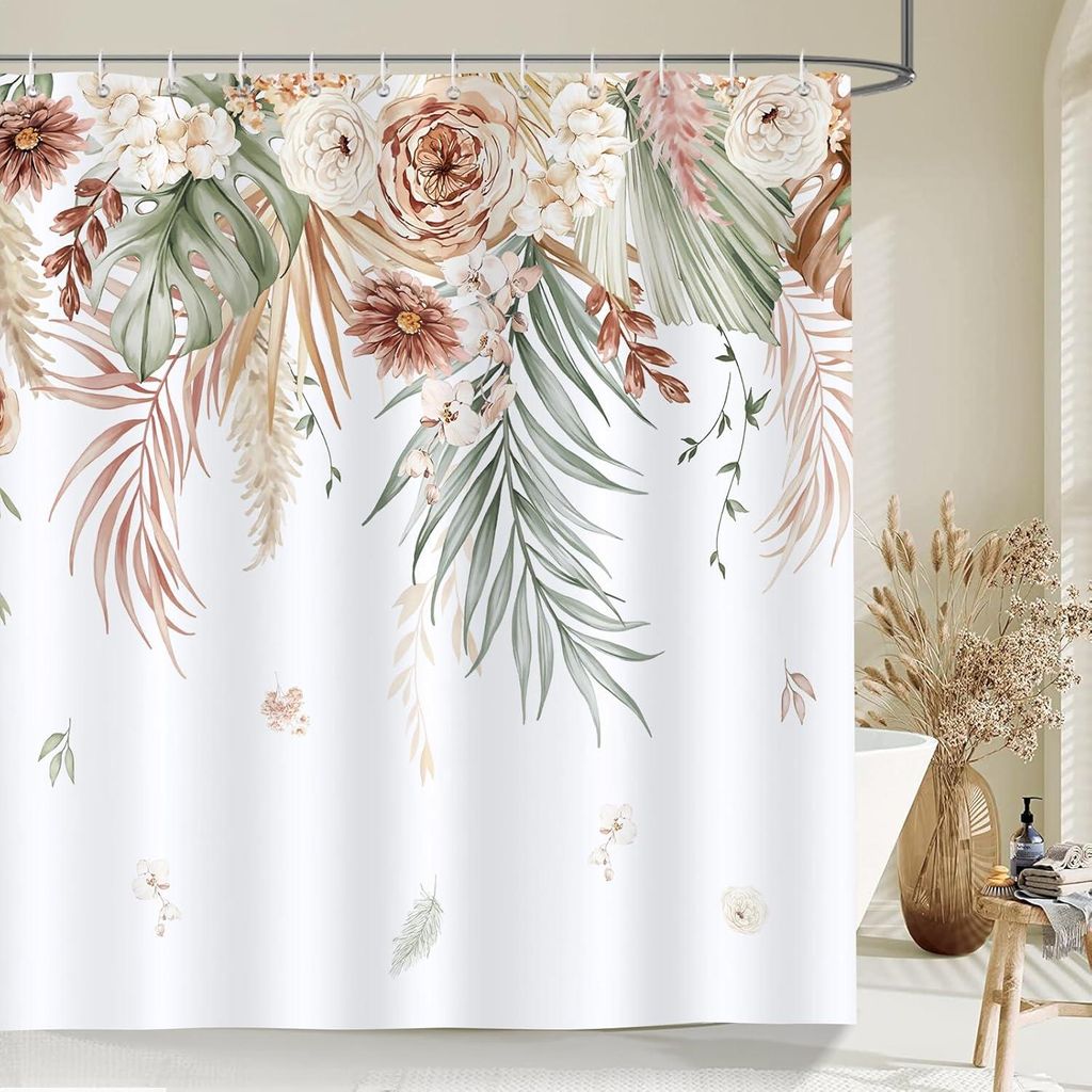 Tropischer Boho-Duschvorhang, 180 x 180 cm, Blumen-/Blättermuster, waschbarer Stoff, mit 12 Haken