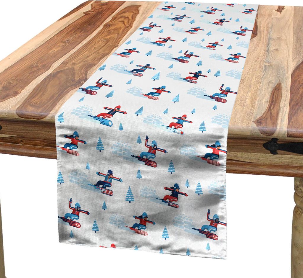 ABAKUHAUS Ski-Muster Tischläufer, Snowboarder Männer und Frauen Lustige Cartoon-Stil Wintersport Kunst, 40 x 180 cm, Blau Weiß Vermilion