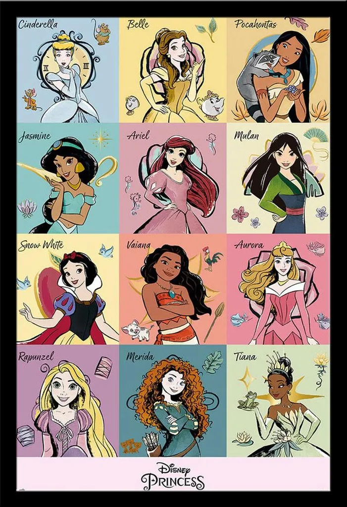 Affiche Disney Princesses encadrée sous vitre acrylique Shinsuke® 61x91 cm