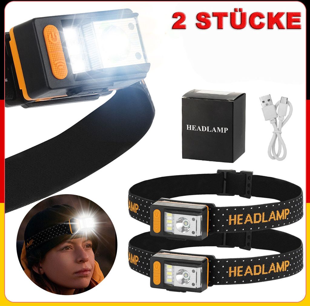 2 Stück LED Stirnlampe Kopflampe Wiederaufladbar Scheinwerfer Wasserdicht Akku