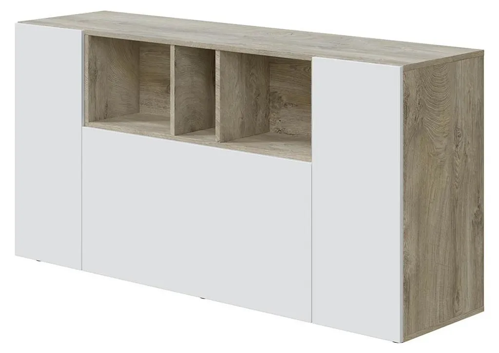Buffet Enfilade 150 cm LOIRA Mélamine avec 3 Portes et Espaces Ouverts