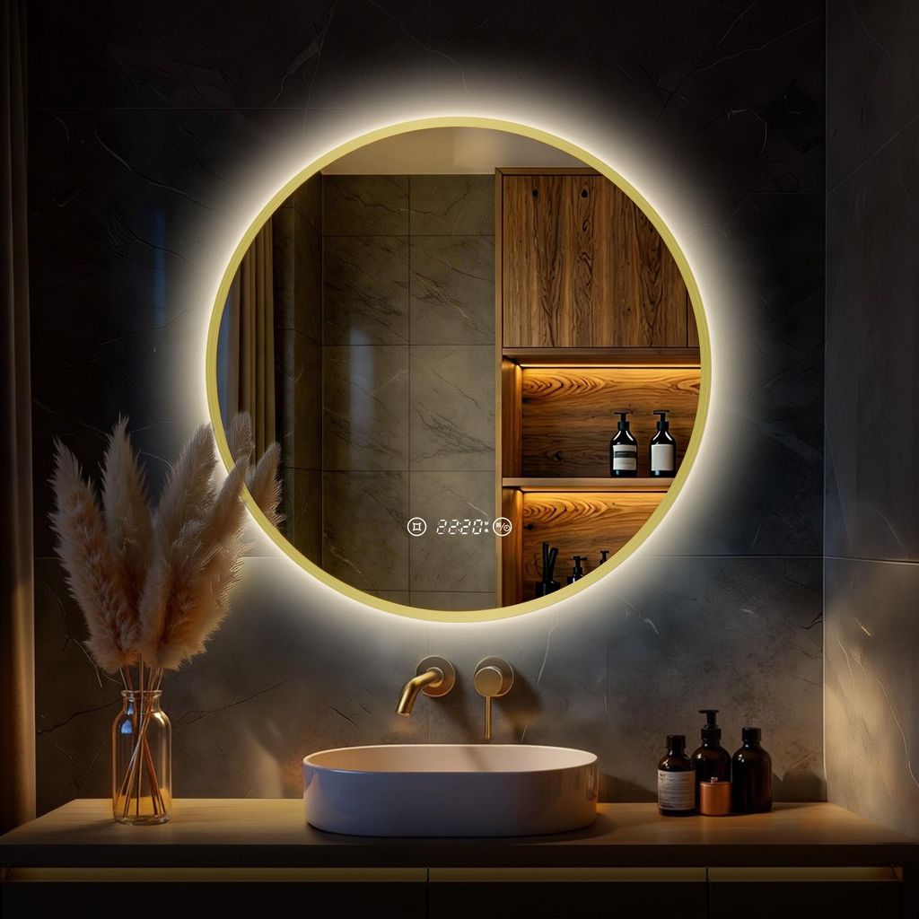 S'AFIELINA Badspiegel mit Beleuchtung Rund 70 cm Diameter, LED Badspiegel mit Touch, Beschlagfrei, Dimmbar, Uhr, Temperatur, Speicherfunktion,Gold